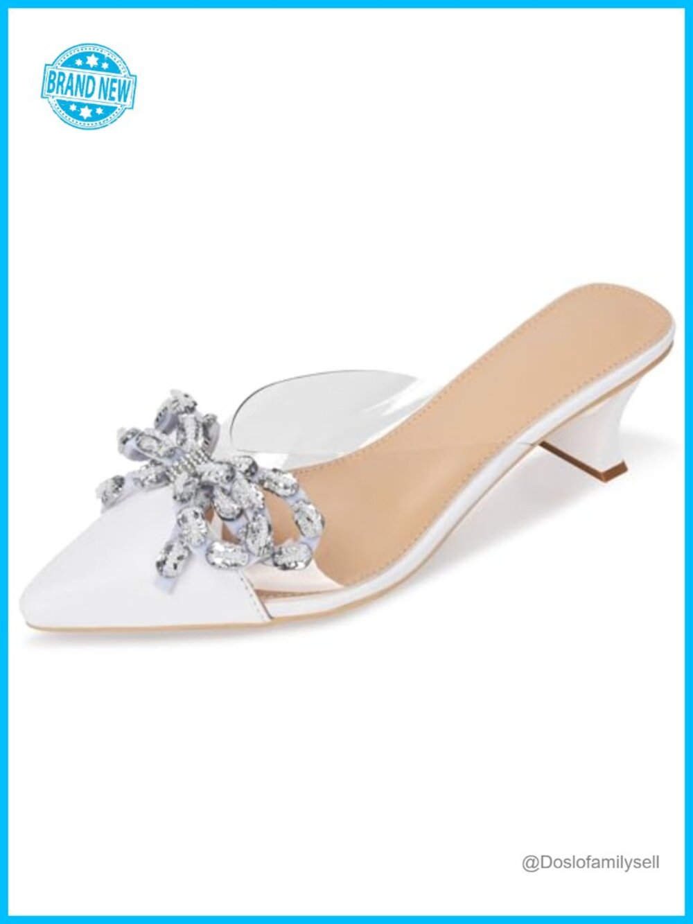 Rhinestone Bow Kitten Heel Mules Closed Pointed Toe Slip On Dress Sandals